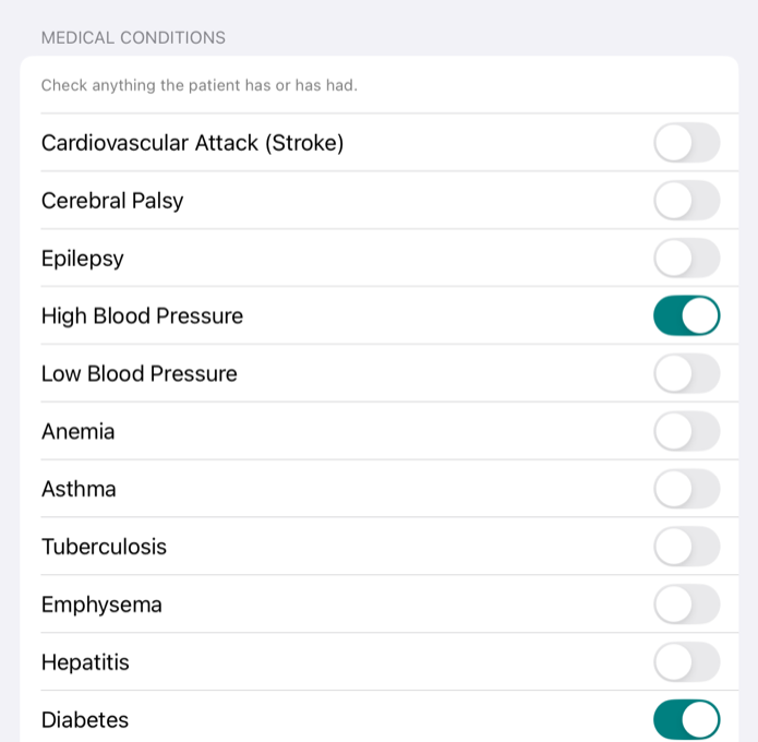 The Medical History screen: a list of conditions, each with a switch, with High Blood Pressure and Diabetes switched on.