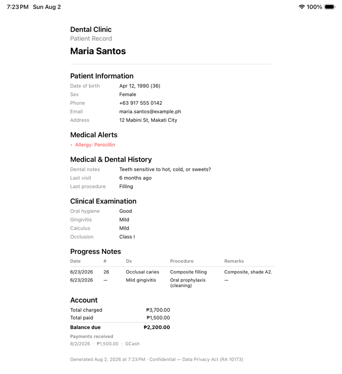 An exported patient record: details, alerts, history, exam, progress notes and account.