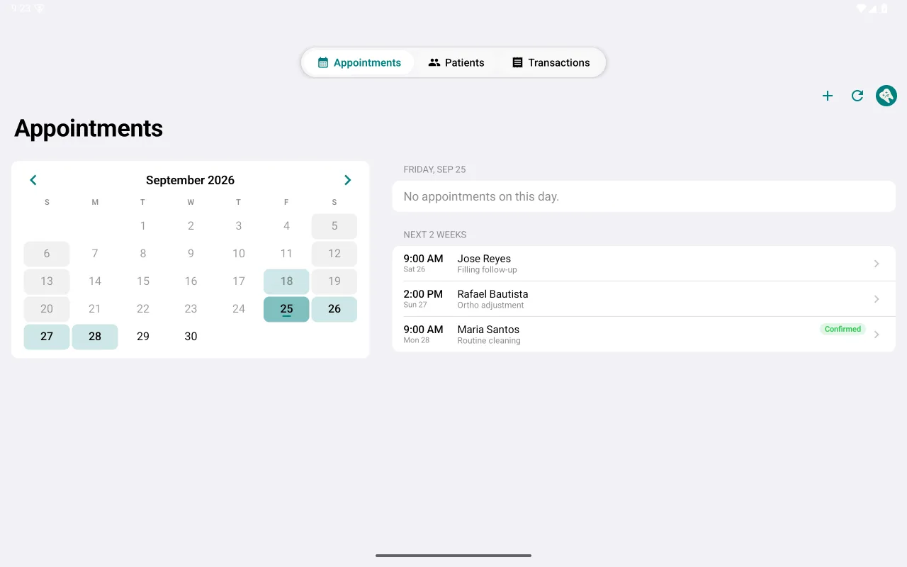 Dentista Appointments on a tablet: the September 2026 calendar, and the next two weeks — Jose Reyes at 9:00 for a filling follow-up, Rafael Bautista at 2:00 for an ortho adjustment, Maria Santos at 9:00 for a routine cleaning, confirmed