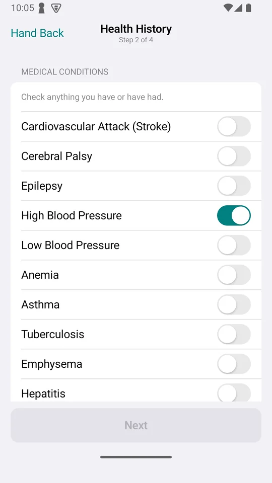 Dentista on a phone, handed to the patient: the intake’s Health History step, 2 of 4, a list of medical conditions to switch on, with High Blood Pressure on. Hand Back is the only way out